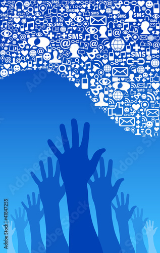 Social media network icons and hand