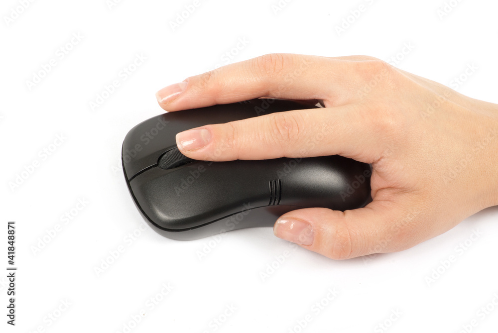 computer mouse with hand over white computer mouse with hand over white