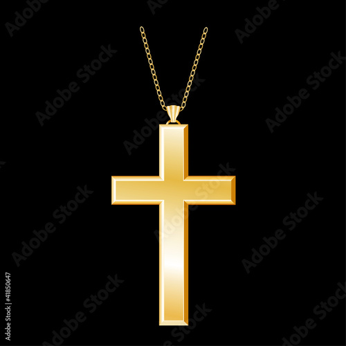 Christian Cross Gold Pendant, chain necklace, isolated on black
