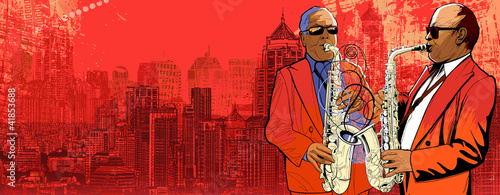 two saxophonist over a background panoramic view of modern city