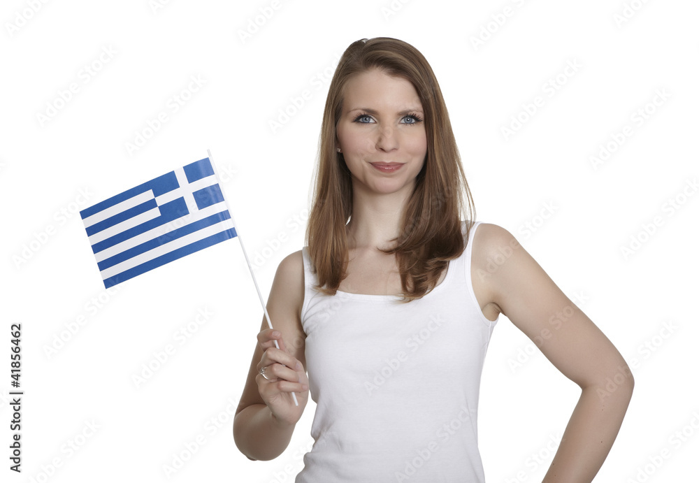 Attractive woman shows Greece flag and smiles Attractive woman shows Greece flag and smiles