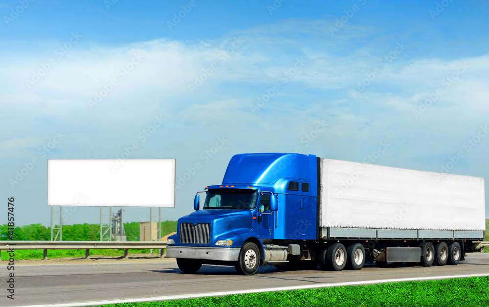 Fototapeta premium classic american big rig cargo truck, road billboard