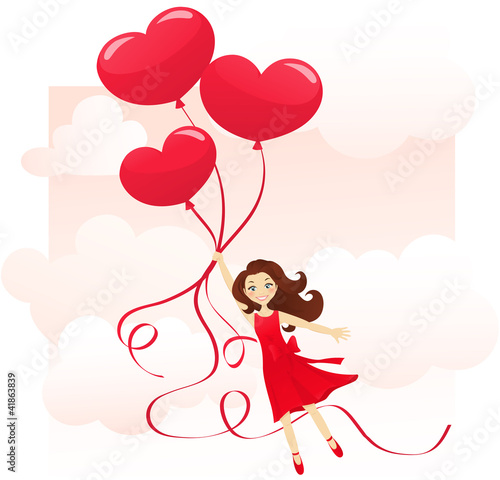 Cheerful girl flying on heart balloons