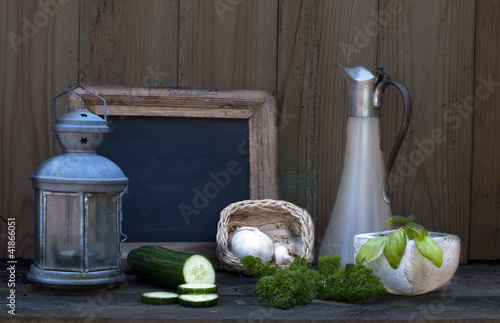 still life with light and school board photo