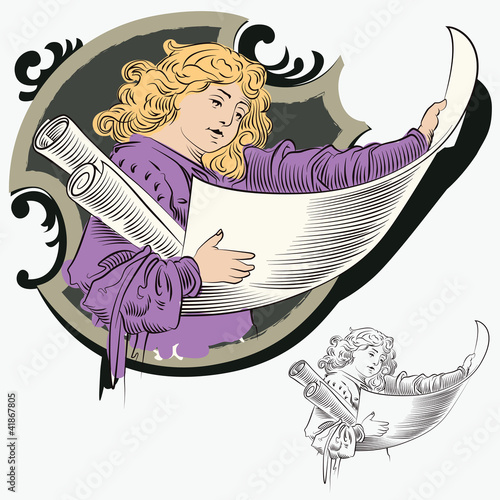 Vector. A man looking through old scrolls