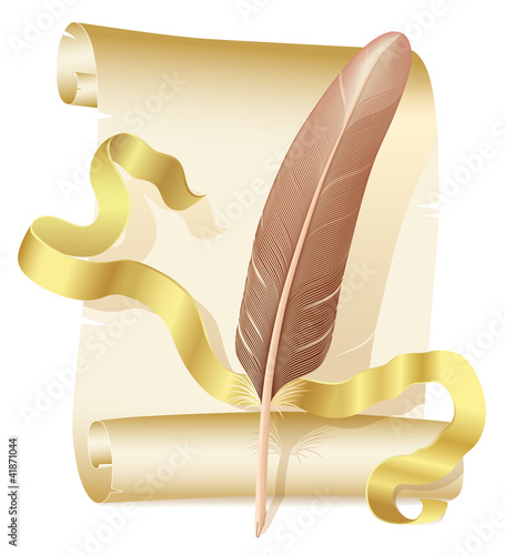 Old scroll, golden ribbon and quill