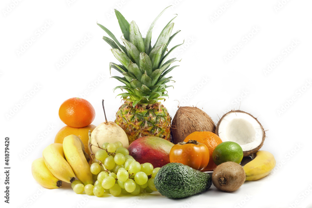 exotic and tropical fruits on white background