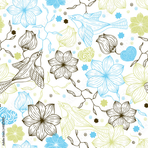 Retro seamless pattern with flowers and birds.