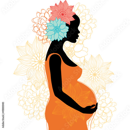 Silhouette of pregnant woman with flowers. Vector illustration.