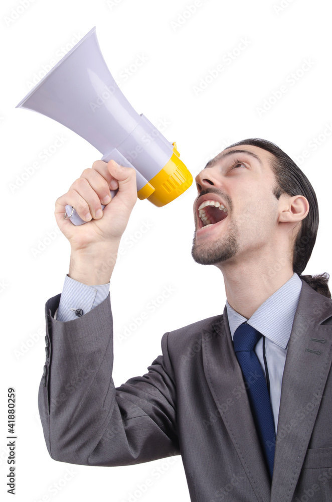Man shouting and yelling with loudspeaker Man shouting and yelling with loudspeaker