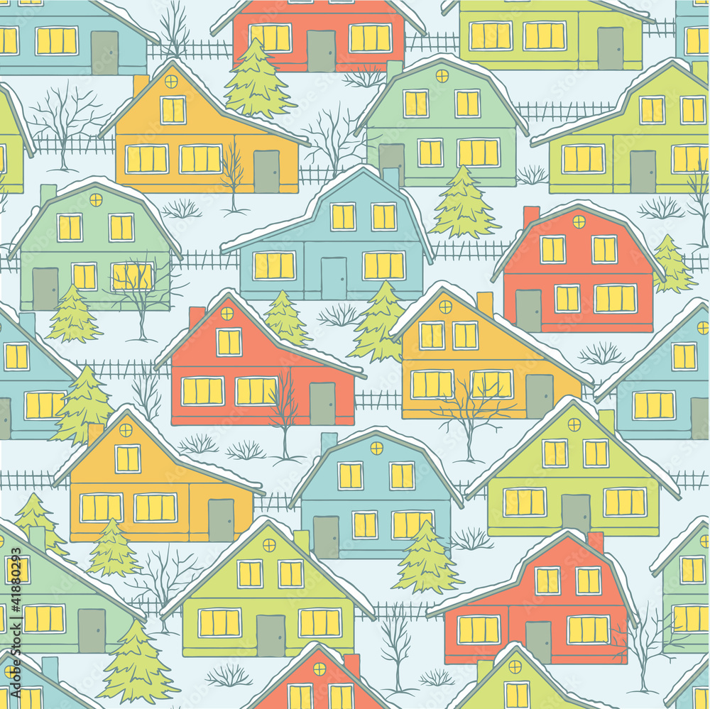 Seamless Christnas pattern with houses and trees in winter.