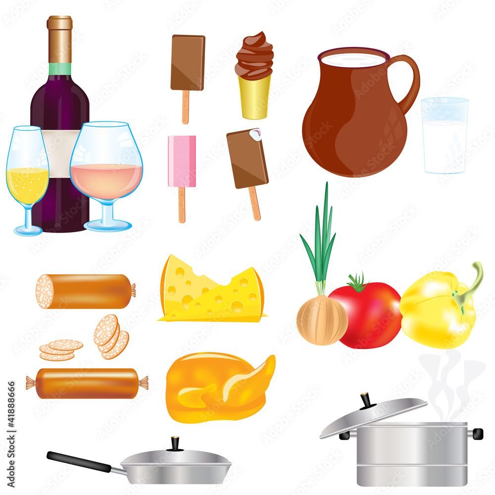 Varied food and drink on white background Varied food and drink on white background