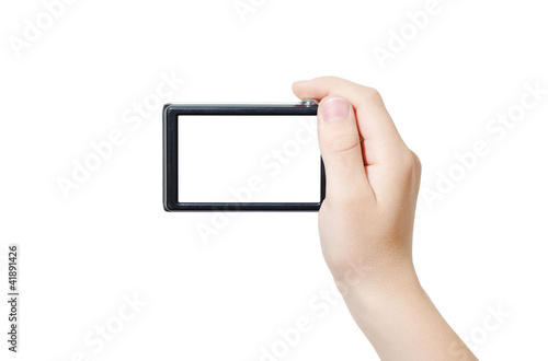 Hand holding digital camera, rear view
