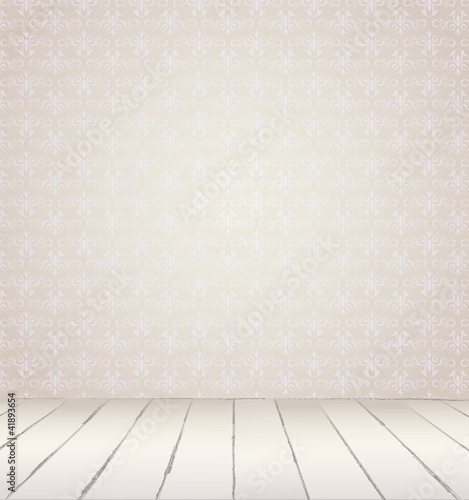 White Interior of vintage room  from gray grunge wallpaper wall