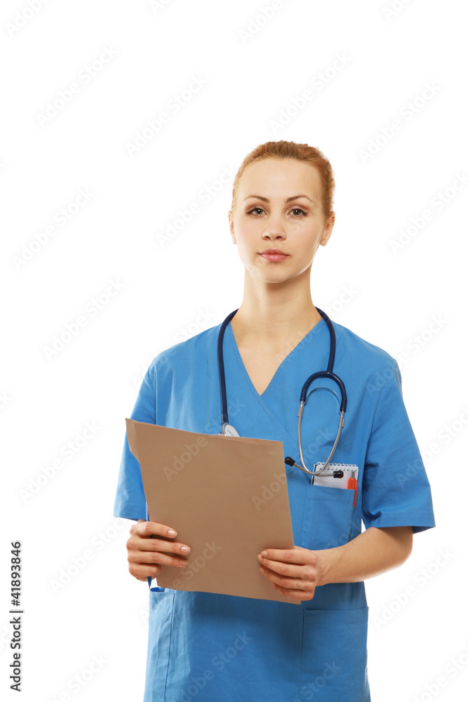 A female doctor with a folder A female doctor with a folder