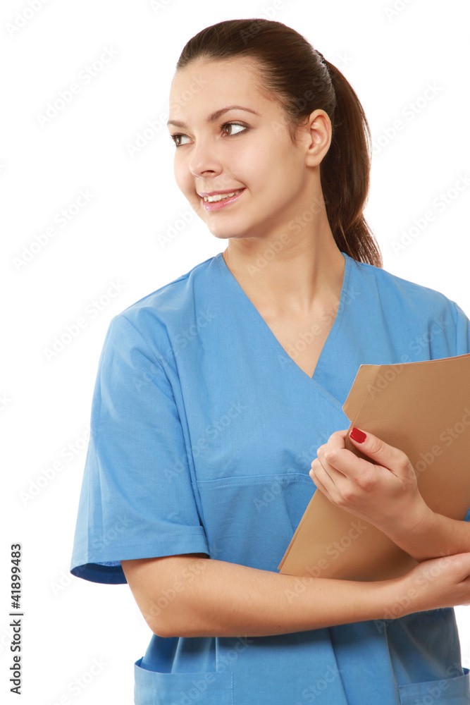 A female doctor with a folder, isolated on white A female doctor with a folder, isolated on white