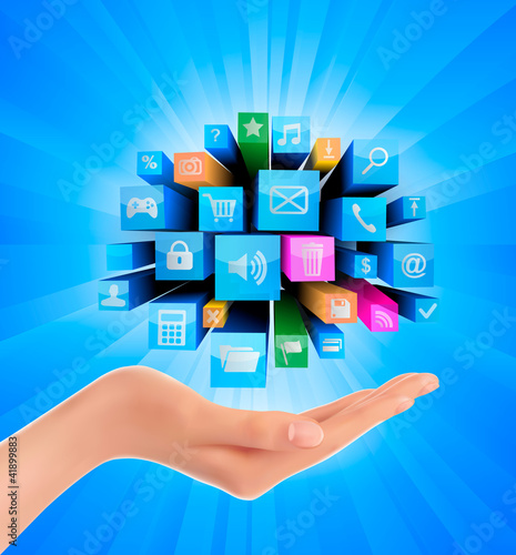 Abstract colorful background with icons and hand