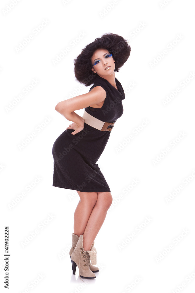 stylish woman with great hairstyle in black dress stylish woman with great hairstyle in black dress