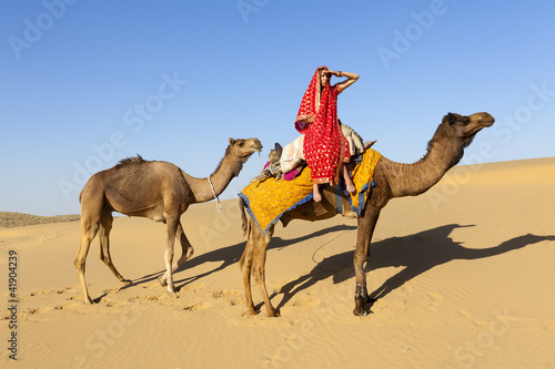 Woman in saree with her camels, Thar Desert, Rajasthan, India. photo