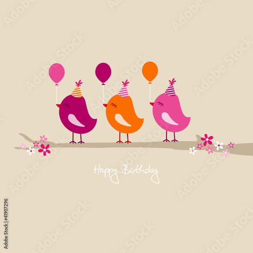 3 Birds Pink/Orange With Ballon On Tree