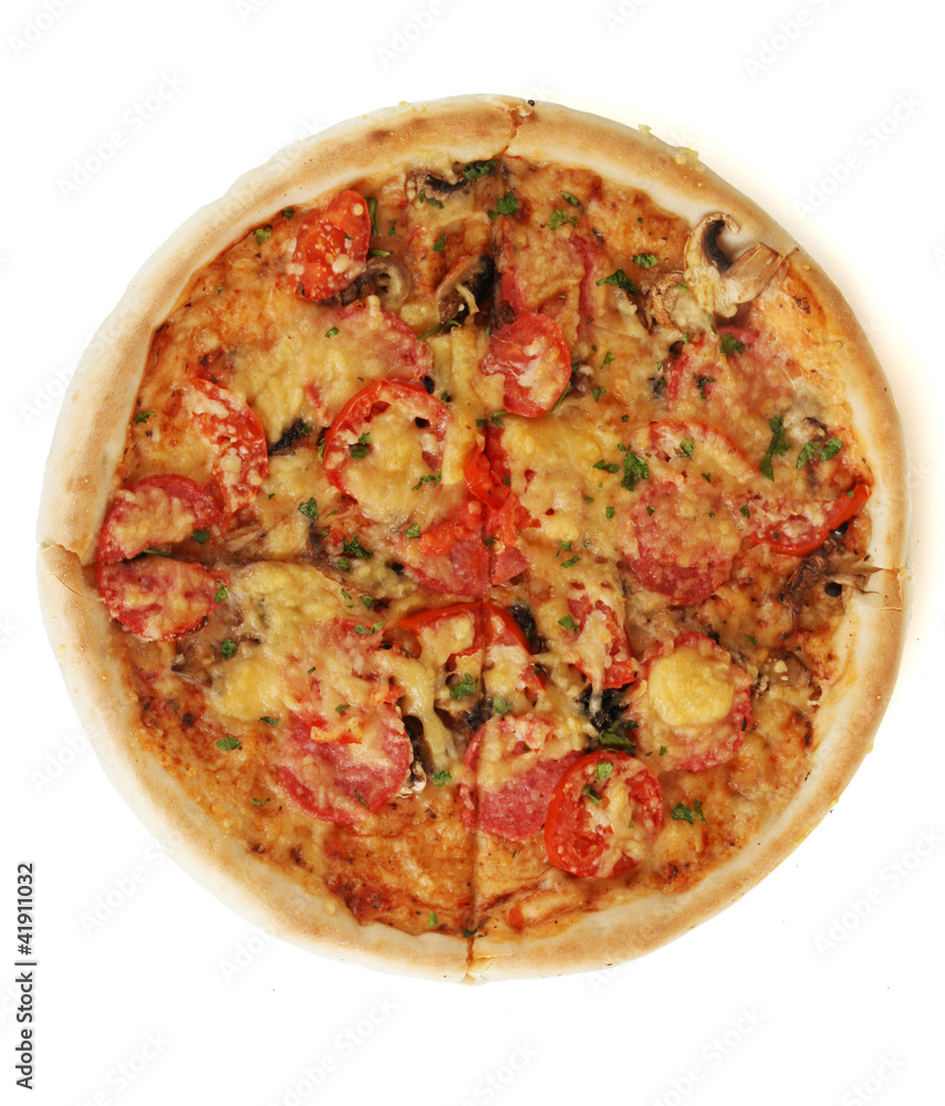 delicious pizza with sausage and vegetables isolated on white delicious pizza with sausage and vegetables isolated on white