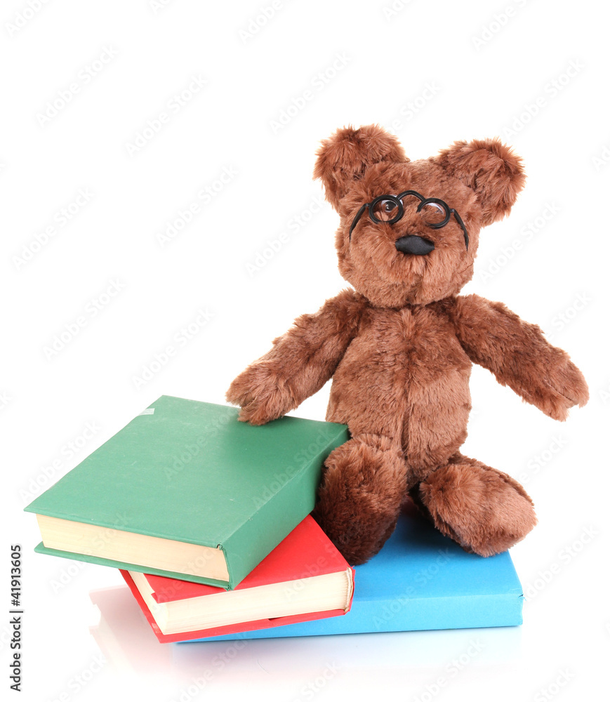 Sitting bear toy with books isolated on white Sitting bear toy with books isolated on white