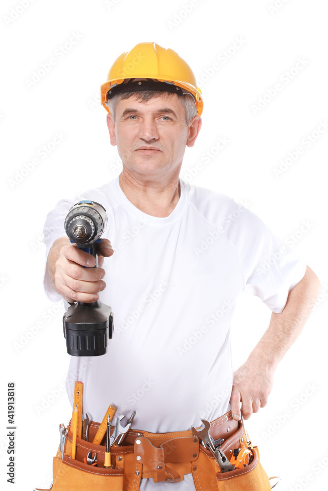 builder with belt construction and holding drill isolated builder with belt construction and holding drill isolated