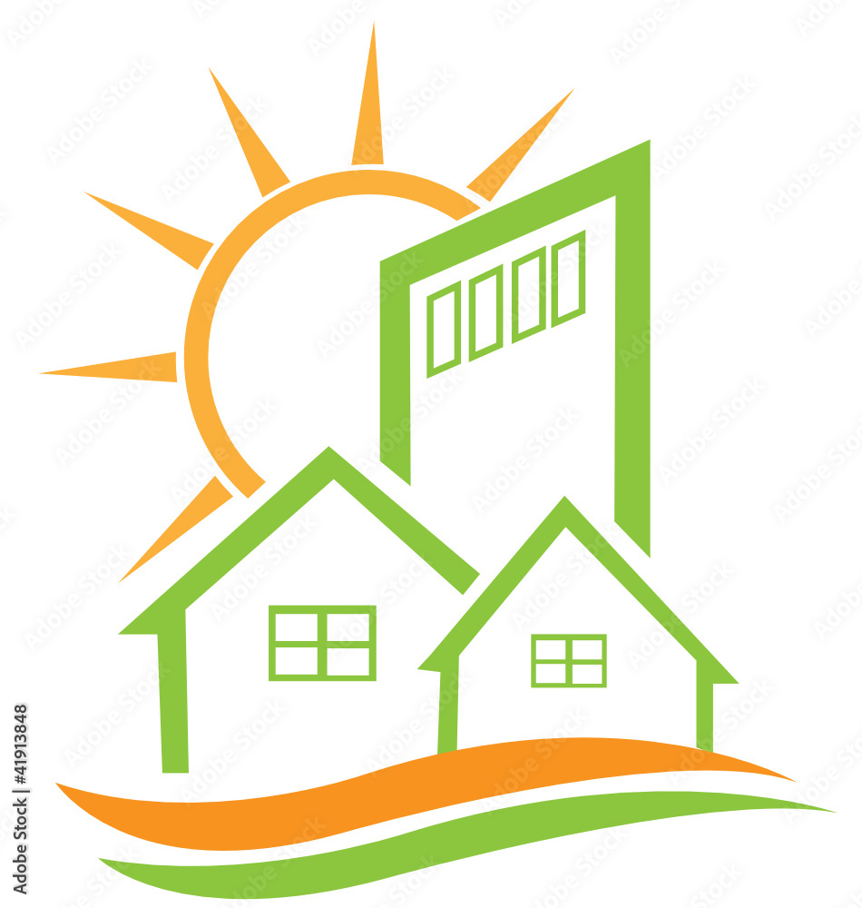 Residential green house and sun logo