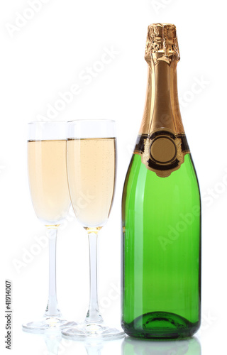 glasses and bottle of champagne isolated on a white