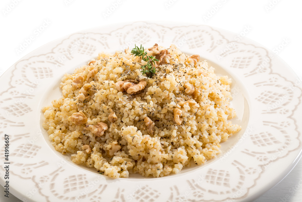 bulgur with nuts and herbs, vegetarian food bulgur with nuts and herbs, vegetarian food