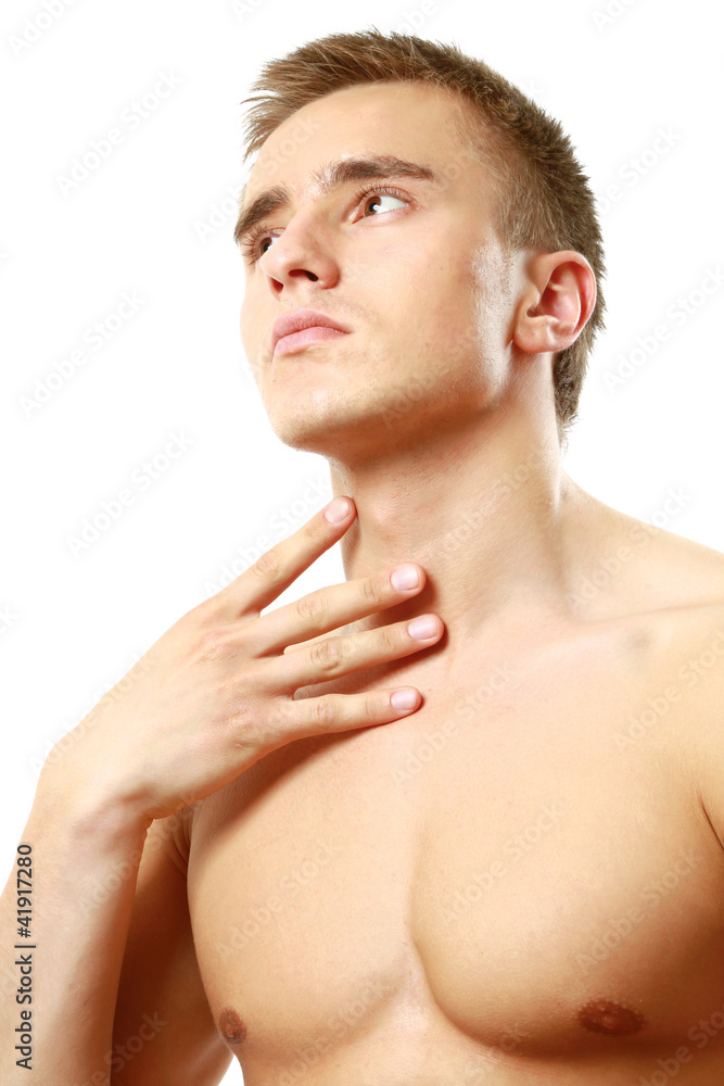 A man with a throat ache, isolated on white A man with a throat ache, isolated on white