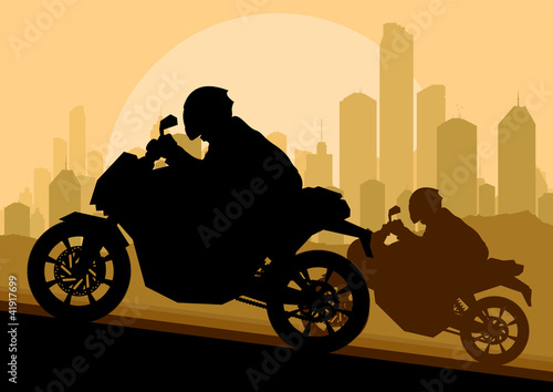 Sport motorbike riders motorcycle silhouettes in skyscraper city