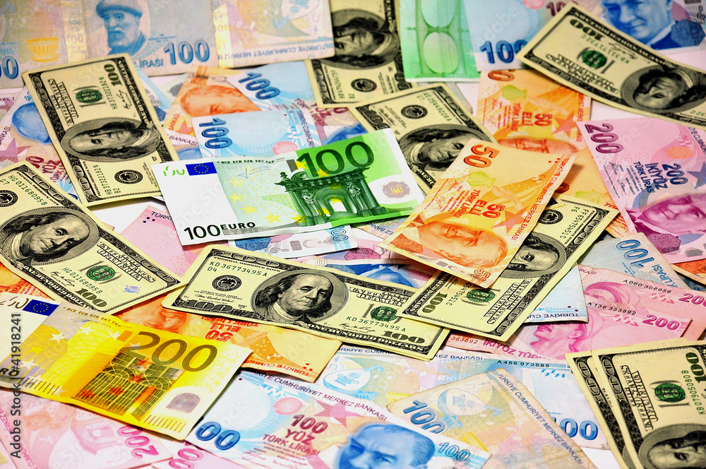 mixed currencies, tl, dollar, euro, Stock Photo | Adobe Stock