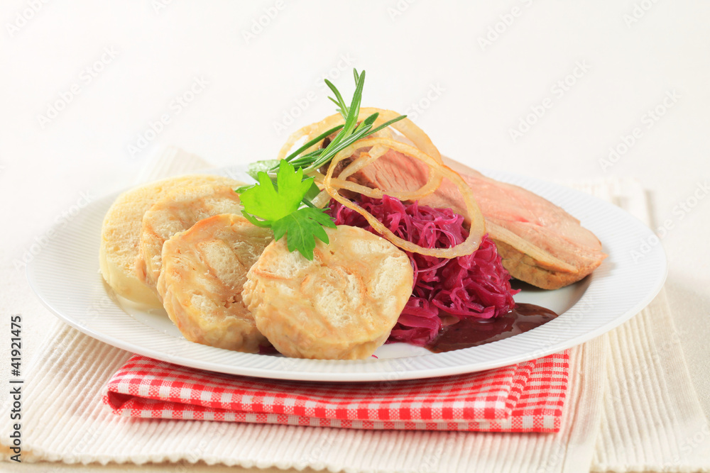 Roast pork, dumplings and red cabbage Roast pork, dumplings and red cabbage