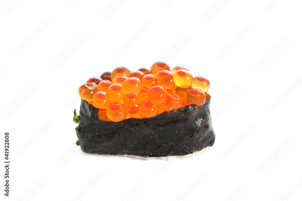 Salmon egg on sushi nigiri roll Salmon egg on sushi nigiri roll