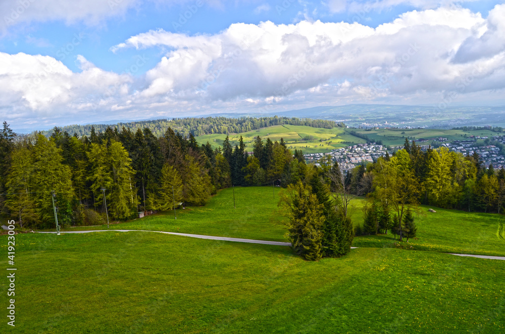 Alpine landscape in Austria: mountains, forests, meadows