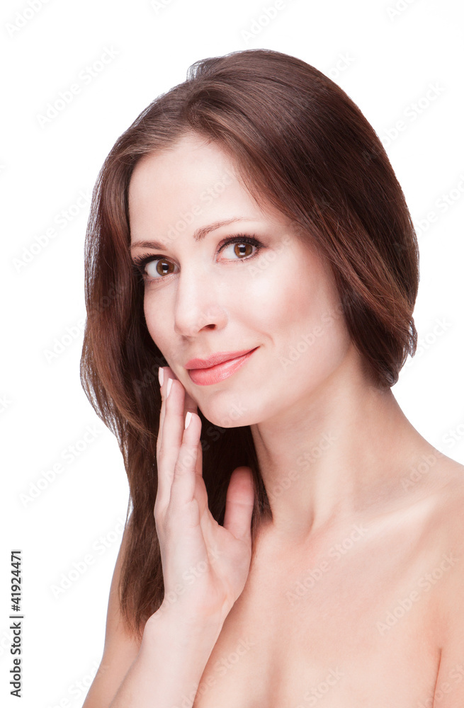 brunette woman with healthy beautiful skin on white background brunette woman with healthy beautiful skin on white background