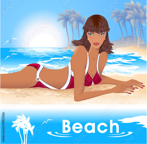 Beautiful Girl on Beach with sea, with palm