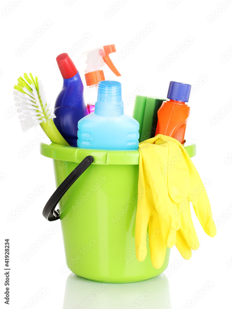 Cleaning items in bucket isolated on white Cleaning items in bucket isolated on white