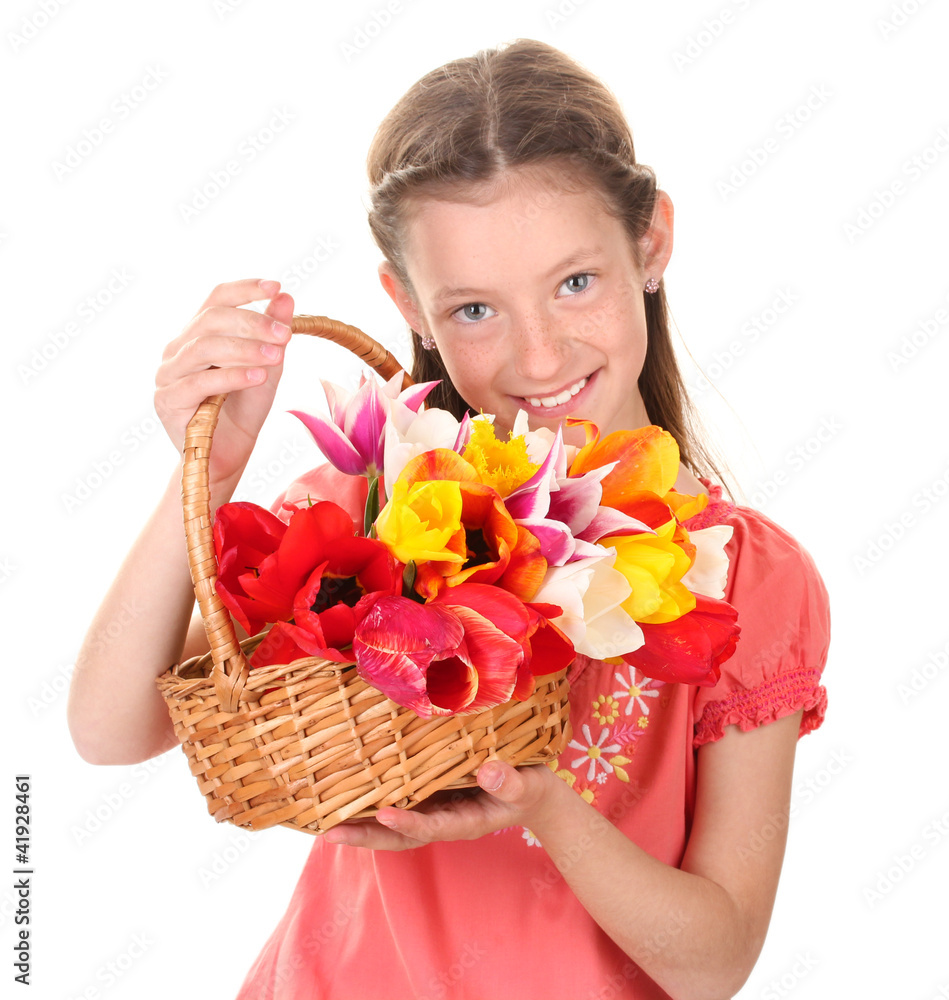 Portrait of beautiful little girl with tulips in basket isolated Portrait of beautiful little girl with tulips in basket isolated