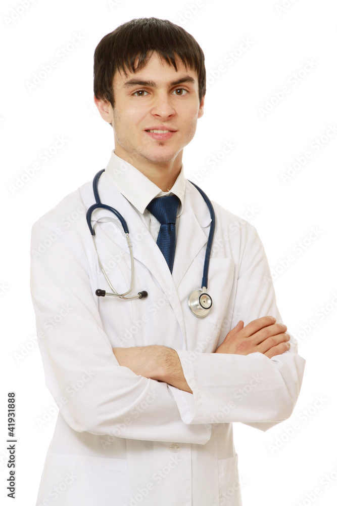 A male doctor standing isolated on white background A male doctor standing isolated on white background