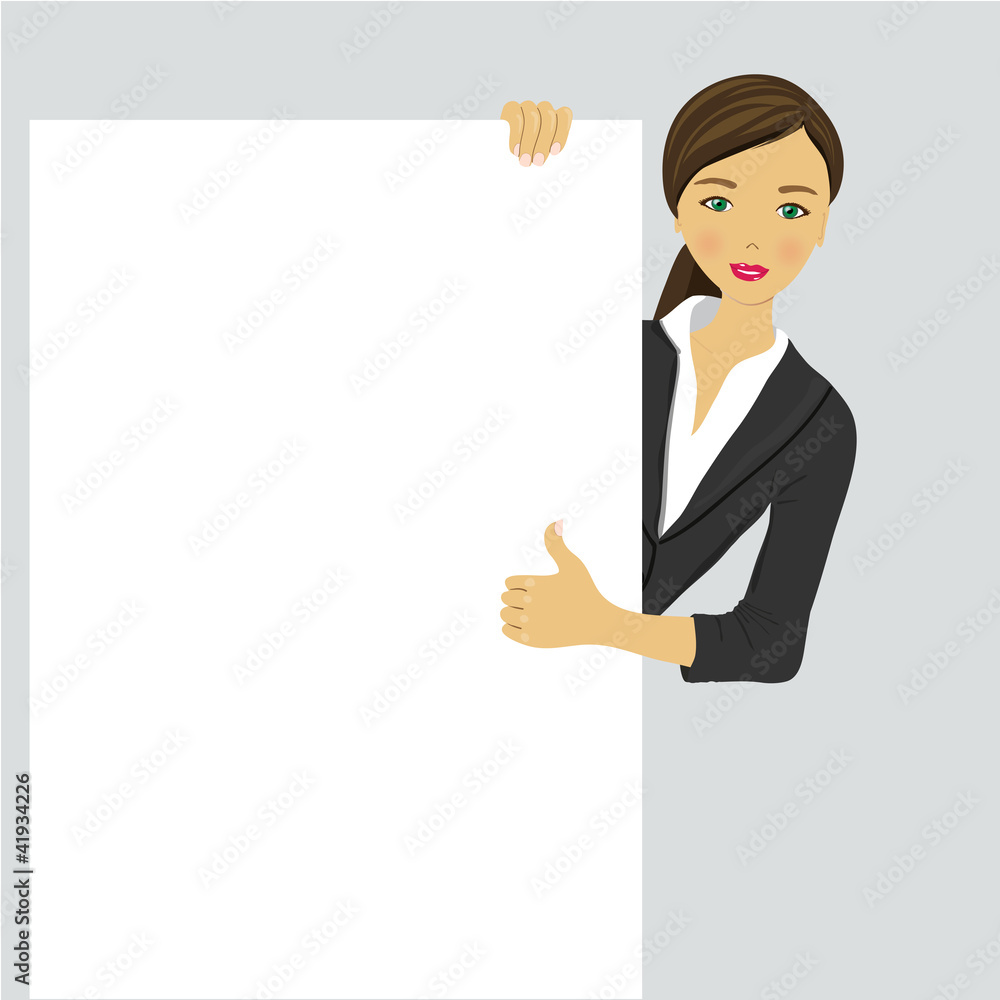 Smiling young business girl showing signboard Smiling young business girl showing signboard