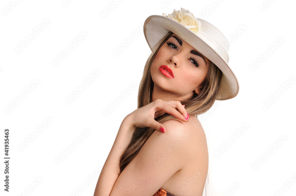 Portrait of beautiful girl in hat isolated on white Portrait of beautiful girl in hat isolated on white
