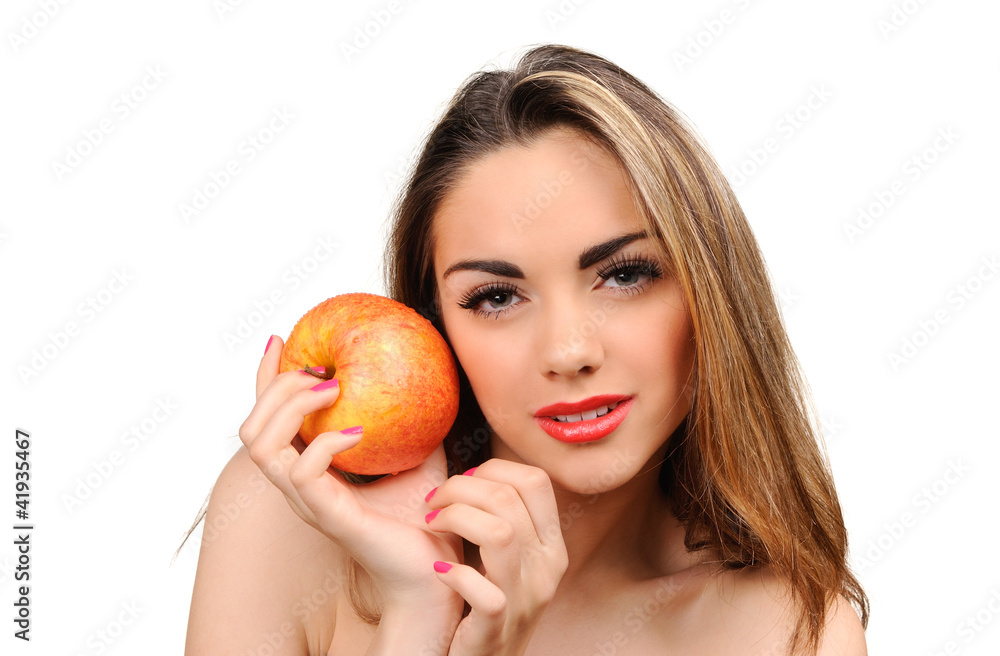 Beautiful young woman with apple. Isolated over white Beautiful young woman with apple. Isolated over white