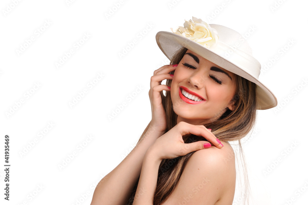 Portrait of beautiful girl in hat isolated on white Portrait of beautiful girl in hat isolated on white