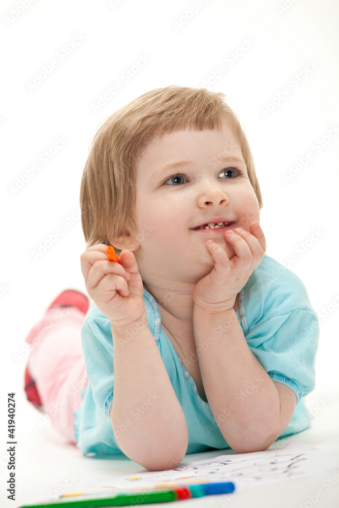Happy baby girl drawing with colorful felt-tip pens Happy baby girl drawing with colorful felt-tip pens