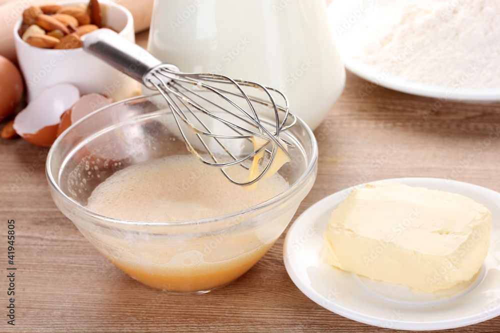 Ingredients for the dough wooden table Ingredients for the dough wooden table