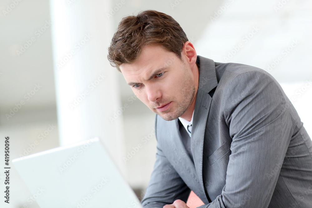 Businessman using laptop computer in entrance hall Businessman using laptop computer in entrance hall