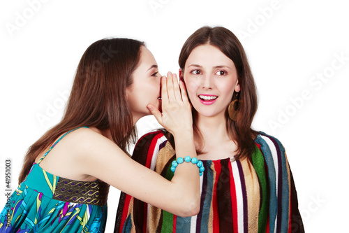 Canvastavla two happy young girlfriends make gossip