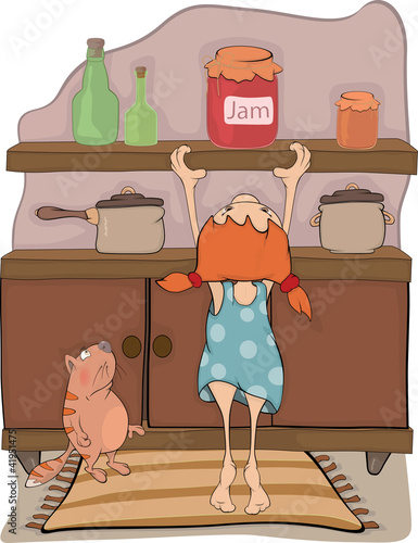The girl, jam and a cat cartoon